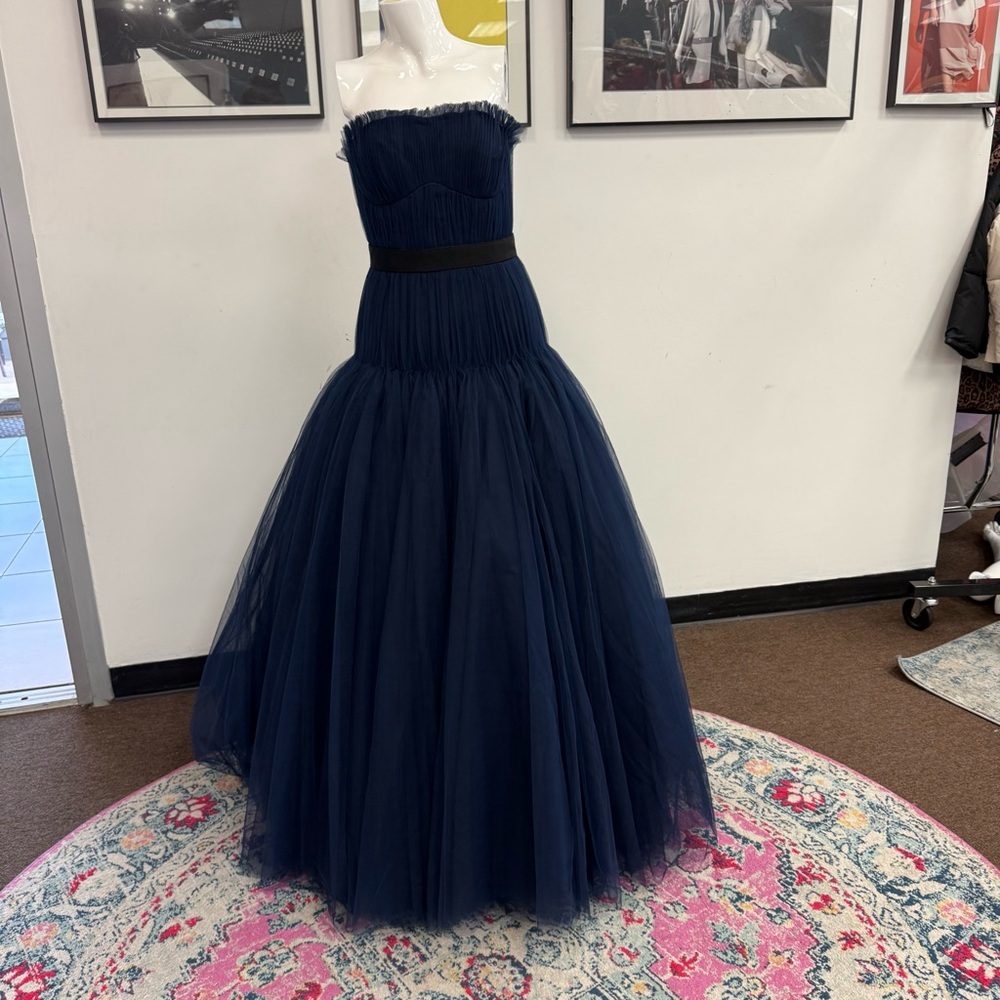 Zac Posen Navy Blue Strapless Tulle Maxi Gown - Picture 2 of 12